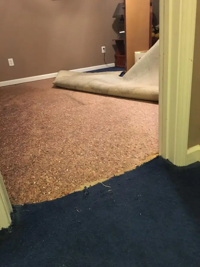 Carpet pad removal revealing water damage during Drying & Dehumidification in Red Hook